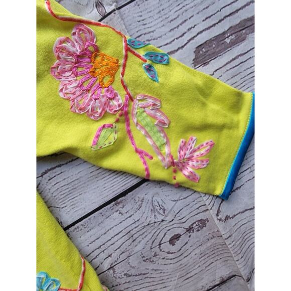 Michael Simon Cotton Embroidered Ribbon Neon Green Open front Cardigan M READ - Picture 6 of 13